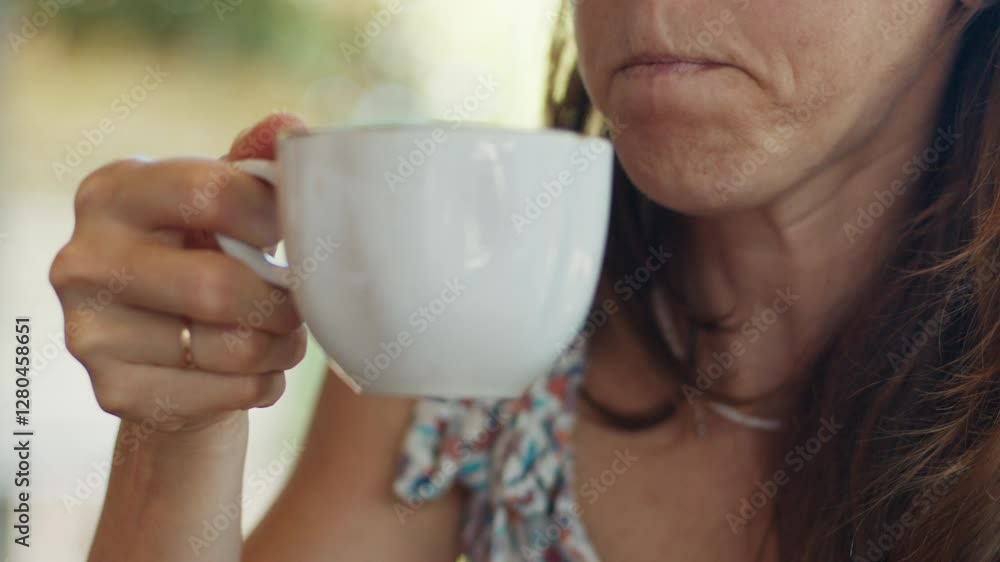 Close up view of a woman in summer dress drinking a hot cappuccino from a white cup in a cafe Close up view of a woman in summer dress drinking a hot cappuccino from a white cup in a cafe