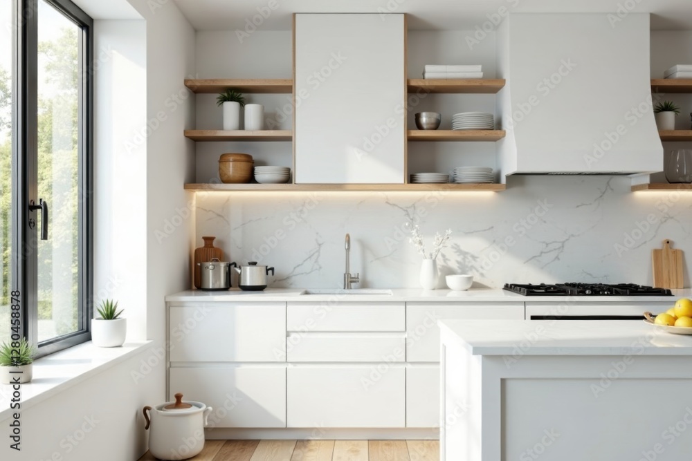 Bright white kitchen, marble backsplash, open shelving, renovation, airy Bright white kitchen, marble backsplash, open shelving, renovation, airy