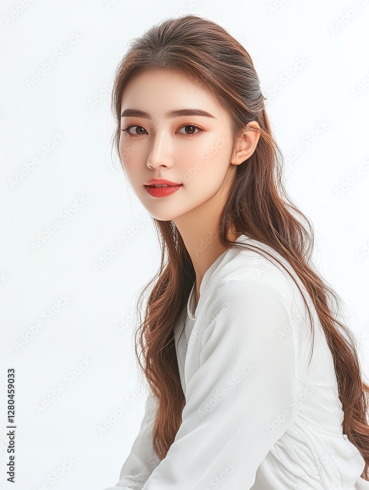 Beautiful Woman Long Brown Hair White Shirt Portrait Beautiful Woman Long Brown Hair White Shirt Portrait