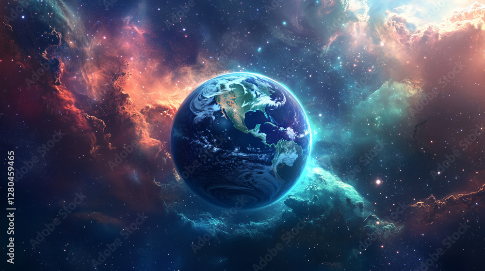 Obraz premium Earth Day cosmic view of Planet Earth in deep space with glowing nebula, symbolizing environmental protection, International Mother Earth Day, and global sustainability awareness