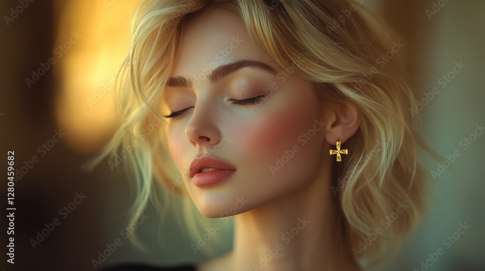 Elegant portrait of a woman with soft features and styled hair in a warm, softly lit environment showcasing tranquility and beauty Elegant portrait of a woman with soft features and styled hair in a warm, softly lit environment showcasing tranquility and beauty