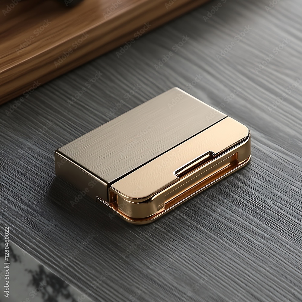 Gold-toned Compact Case on Wooden Surface Gold-toned Compact Case on Wooden Surface