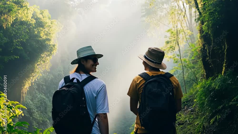 Two people wearing hats and backpacks are walking through a forest Two people wearing hats and backpacks are walking through a forest