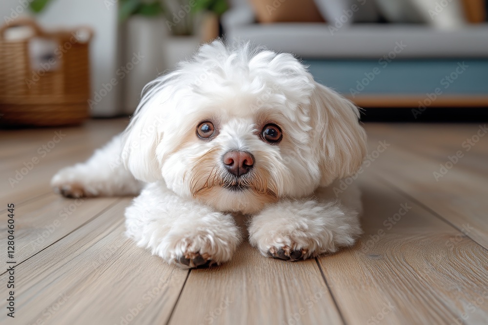 Fluffy white dog resting on wooden floor in a cozy living room with natural light and plants during daytime Fluffy white dog resting on wooden floor in a cozy living room with natural light and plants during daytime