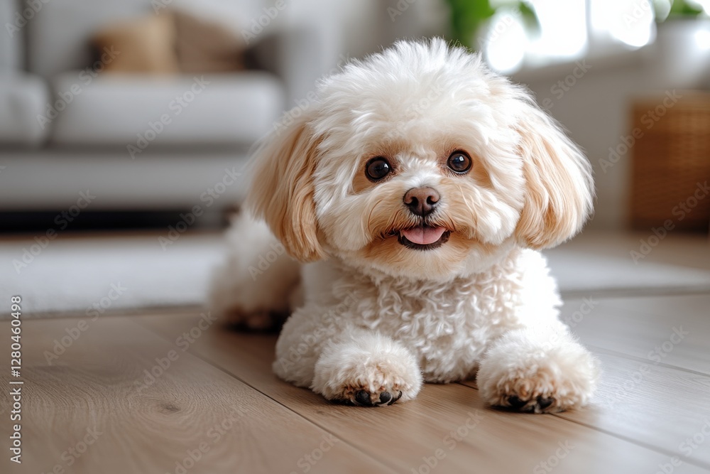 Cute fluffy dog lounging on wooden floor in cozy home environment during daylight hours Cute fluffy dog lounging on wooden floor in cozy home environment during daylight hours