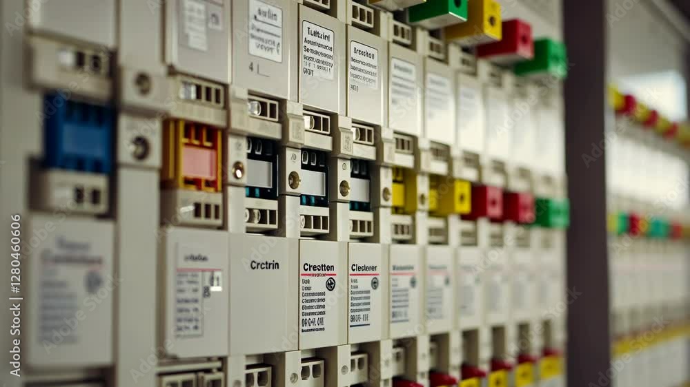 Detailed view of electrical circuit breakers in a modern utility room Detailed view of electrical circuit breakers in a modern utility room