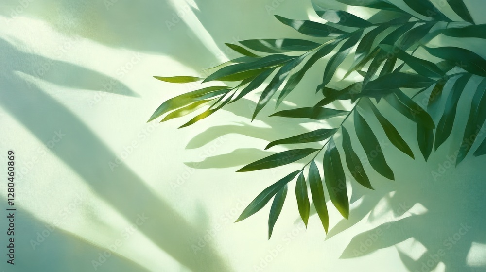 Fototapeta premium Green Palm Fronds Cast Shadows On A Light Green Background