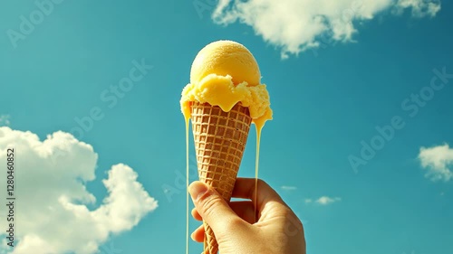 A hand holding a yellow ice cream cone against a sunny blue sky with clouds