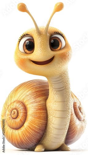 Cute cartoon snail, happy expression, white background, whimsical