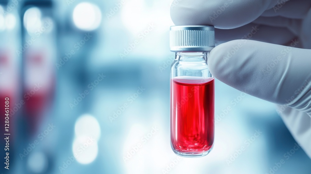 Gloved hand holding a small vial of red liquid in a laboratory setting, symbolizing scientific research and innovation in medicine. Gloved hand holding a small vial of red liquid in a laboratory setting, symbolizing scientific research and innovation in medicine.
