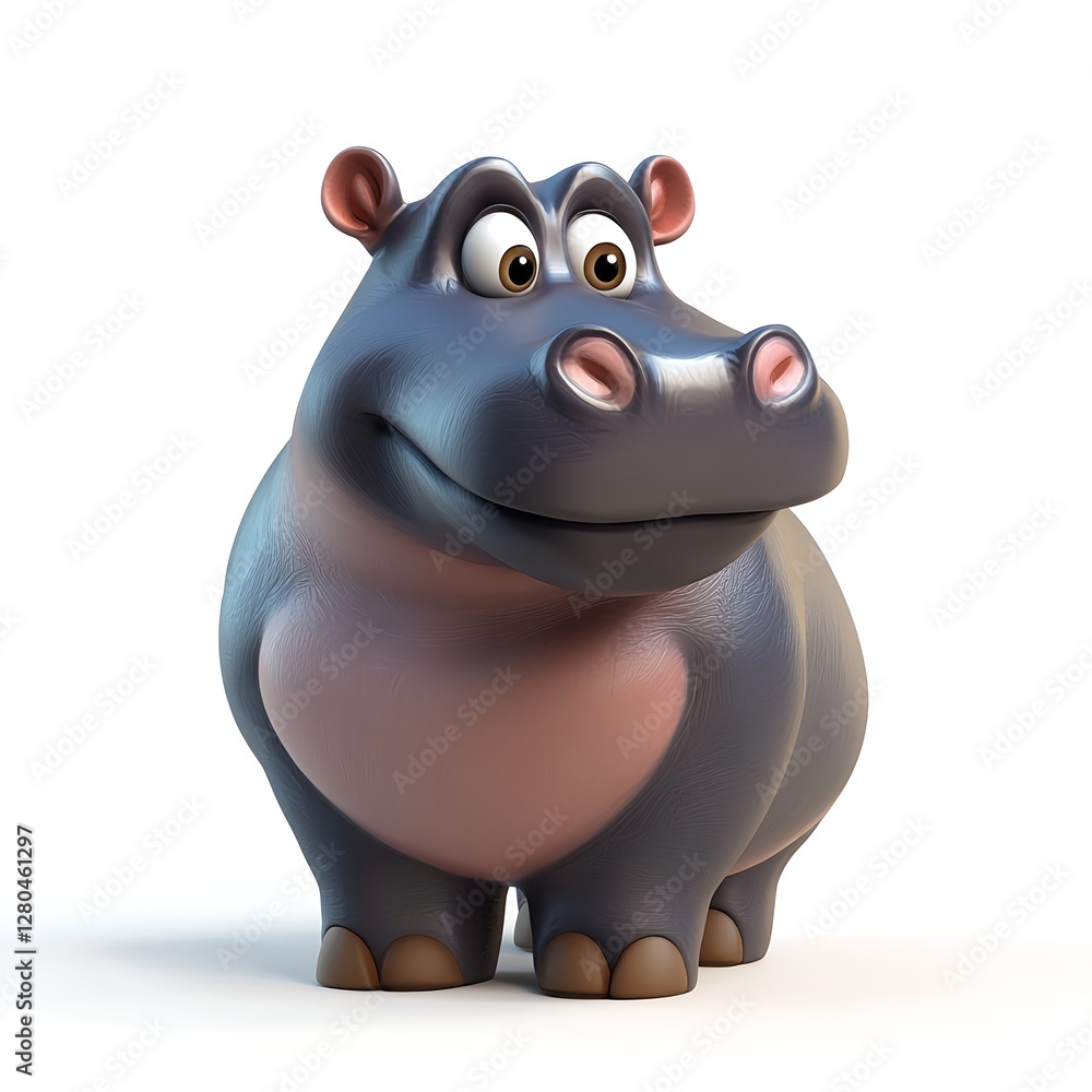 A cheerful cartoon hippopotamus, standing, smiling gently against a plain white backdrop. A cheerful cartoon hippopotamus, standing, smiling gently against a plain white backdrop.