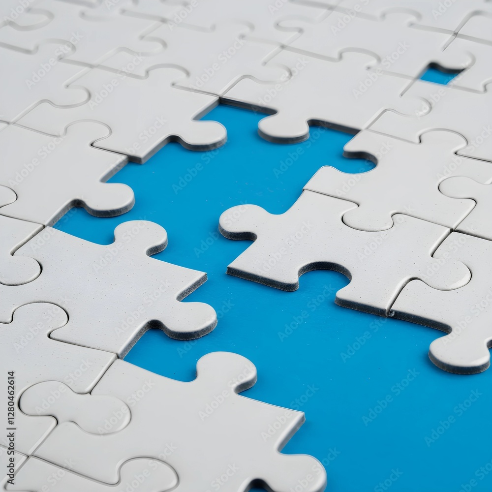 White puzzle pieces arranged on a vibrant blue surface with gaps, representing incomplete tasks, problem-solving and the importance of collaboration and connections White puzzle pieces arranged on a vibrant blue surface with gaps, representing incomplete tasks, problem-solving and the importance of collaboration and connections