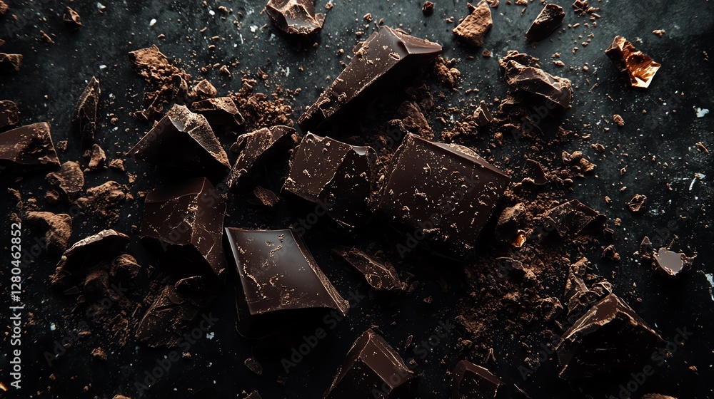 Closeup of dark chocolate pieces scattered on a sleek black background, rich textures, smooth surface, high contrast, ultrarealistic, 8K Closeup of dark chocolate pieces scattered on a sleek black background, rich textures, smooth surface, high contrast, ultrarealistic, 8K