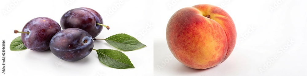 Three plums with leaves next to a peach, showcasing their natural beauty and freshness. Three plums with leaves next to a peach, showcasing their natural beauty and freshness.