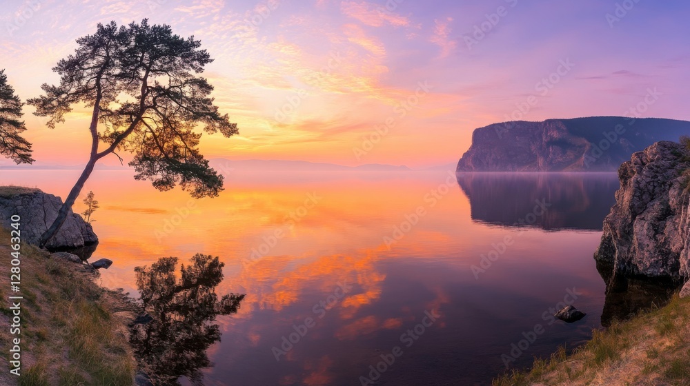 Fototapeta premium A peaceful sunrise at Lake Baikal, with soft hues of orange