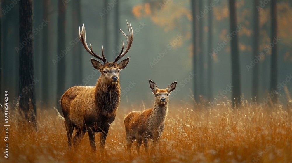 Red Deer and Fawn in Misty Autumn Forest Red Deer and Fawn in Misty Autumn Forest