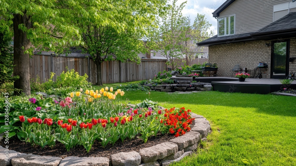 Fototapeta premium A picturesque scene of backyard tulips blooming vibrantly under the warm spring sun, inviting tranquility and beauty.