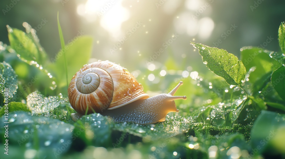 A snail crawling on fresh green grass, dewdrops on leaves, rich textures of the shell and foliage, soft natural light, 8K, ultrarealistic A snail crawling on fresh green grass, dewdrops on leaves, rich textures of the shell and foliage, soft natural light, 8K, ultrarealistic