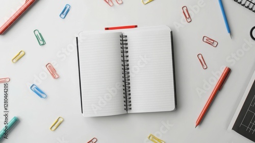 Wallpaper Mural 3D illustration of an open notebook, pens, and paper clips scattered creatively on a white surface Torontodigital.ca