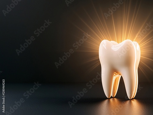 3D Human Tooth Anatomy concept. Shiny tooth illustration with radiant light effect, symbolizing dental health and hygiene.
