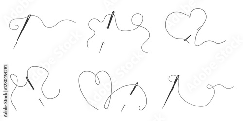 Set needle with thread doodle simple icon, line embroidery decoration. Curvy thread sewing, tailor tool silhouette. 