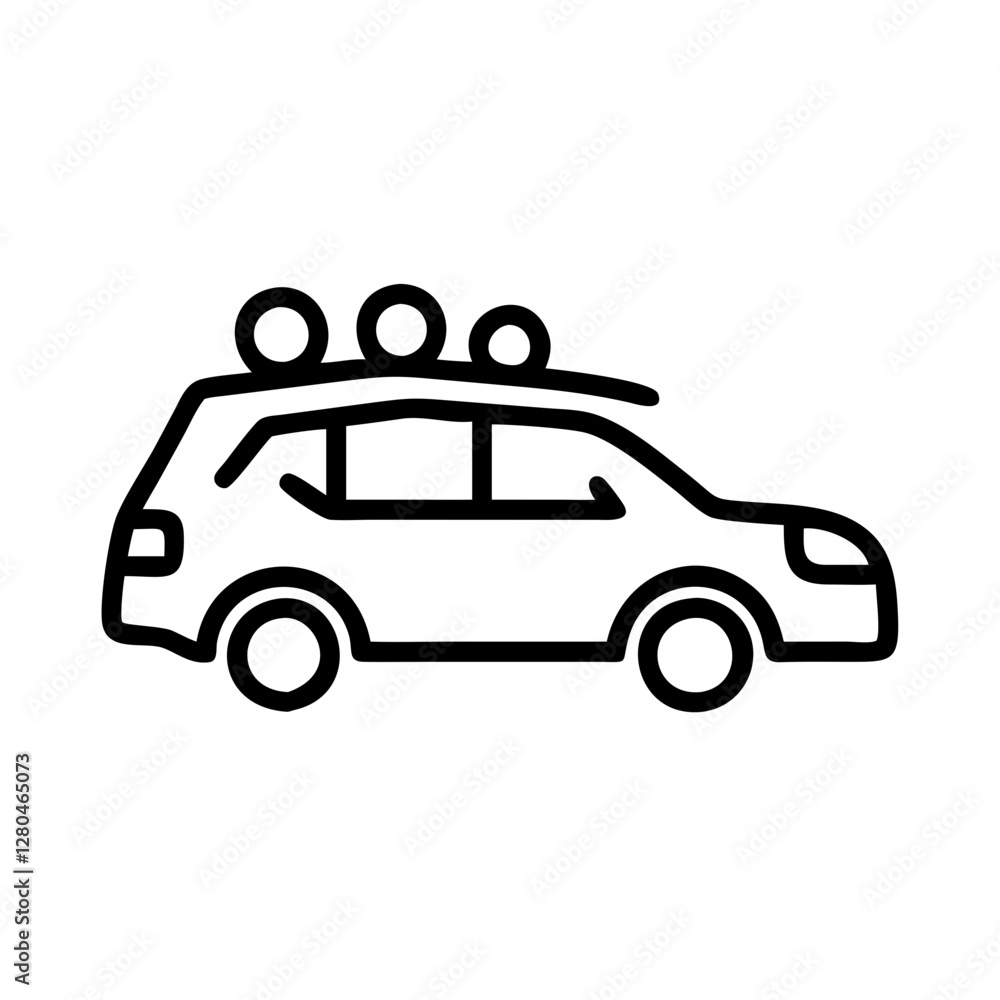 car service Family car on road trip icon in black outline style car service Family car on road trip icon in black outline style