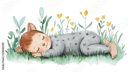 Watercolor Illustration Jungle baby Animal sleep on the grass background photo