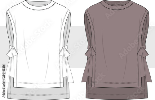 Women's bow Detail, High Low Hem Sleeveless Vest Tunic, technical fashion illustration, vector. Women's CAD mock-up.