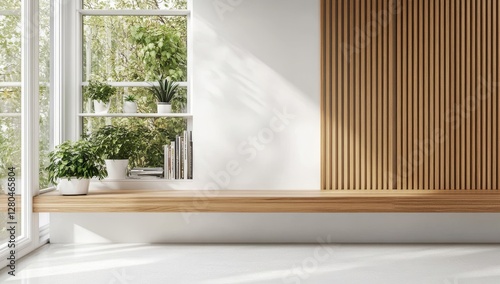 Fototapeta Naklejka Na Ścianę i Meble -  A white wall with wooden slats, modern living room