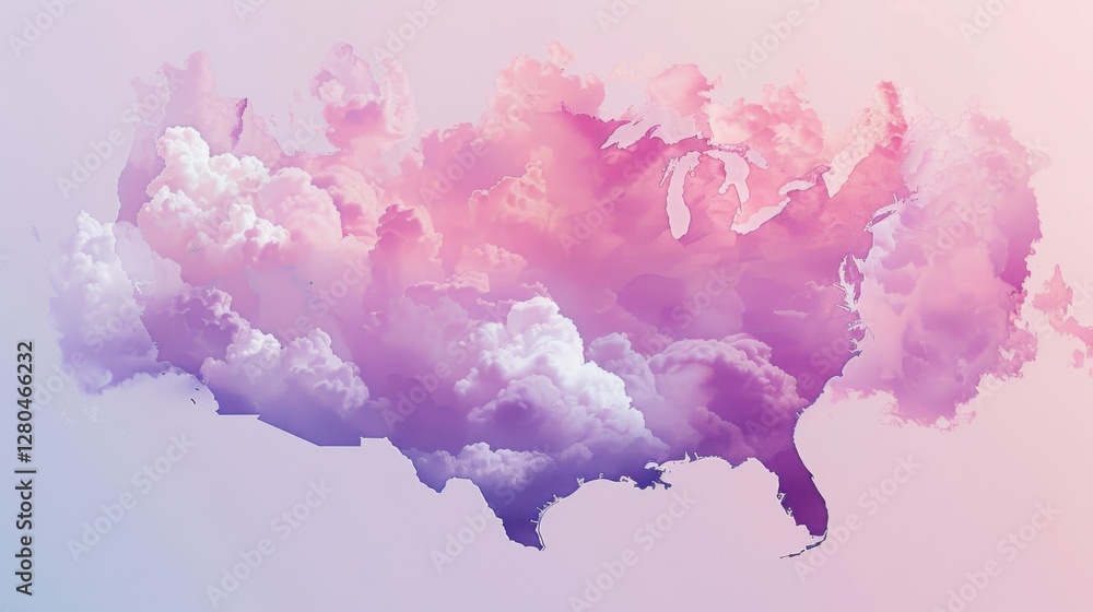 Fototapeta premium Dreamy USA map illustration in soft pink and lavender