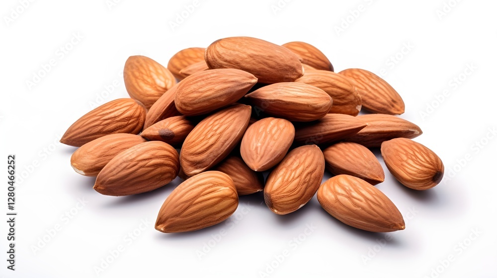 A high-definition close-up of a heap of almonds isolated on a clean white background, showcasing their rich brown texture and natural details, captured with soft, even lighting for a realistic A high-definition close-up of a heap of almonds isolated on a clean white background, showcasing their rich brown texture and natural details, captured with soft, even lighting for a realistic