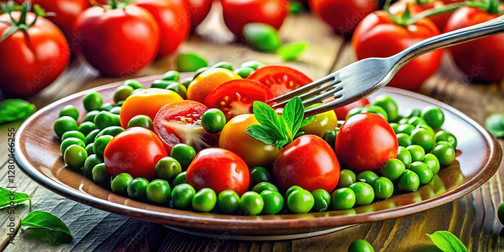 Surreal vegetarian delight: plump tomatoes, briny olives, sweet peas – a healthy diet. Surreal vegetarian delight: plump tomatoes, briny olives, sweet peas – a healthy diet.