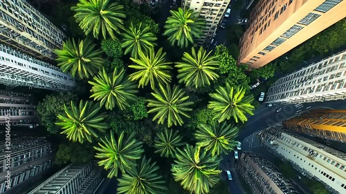Aerial view of palm trees surrounded by urban buildings, showcasing nature amidst city life.