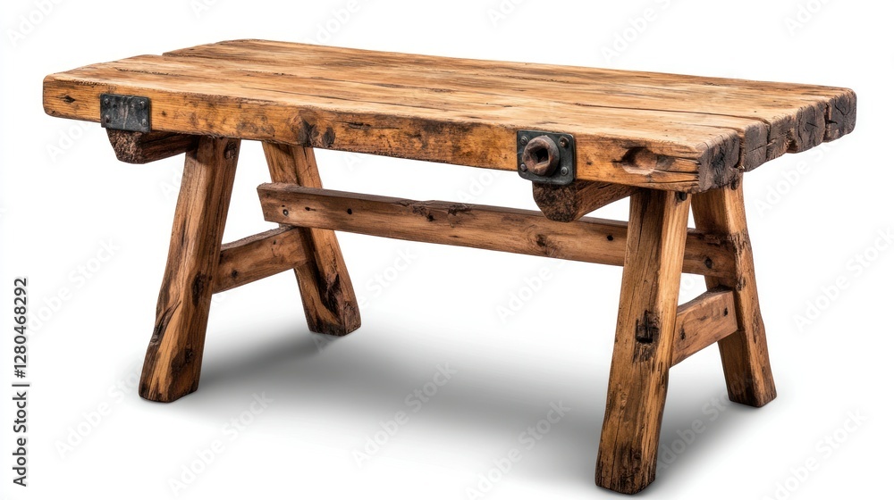 High-quality isolated image of a wooden workbench, placed on a pure white background, perfect for graphic design or advertising purposes High-quality isolated image of a wooden workbench, placed on a pure white background, perfect for graphic design or advertising purposes