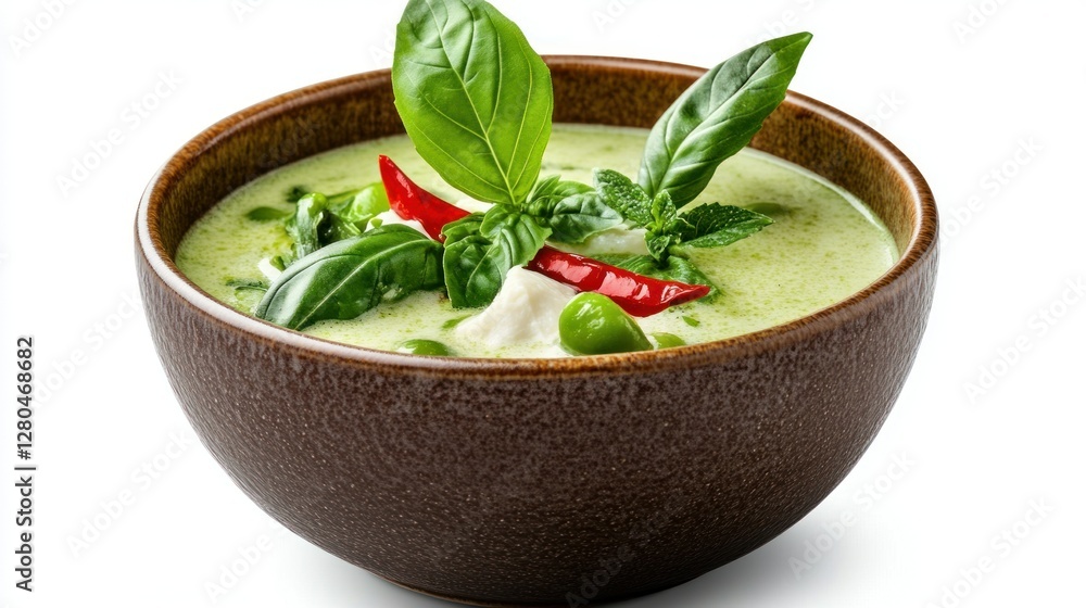 High-quality isolated image of Thai green curry (Kaeng Khiao Wan), placed on a pure white background, perfect for graphic design or advertising purposes High-quality isolated image of Thai green curry (Kaeng Khiao Wan), placed on a pure white background, perfect for graphic design or advertising purposes