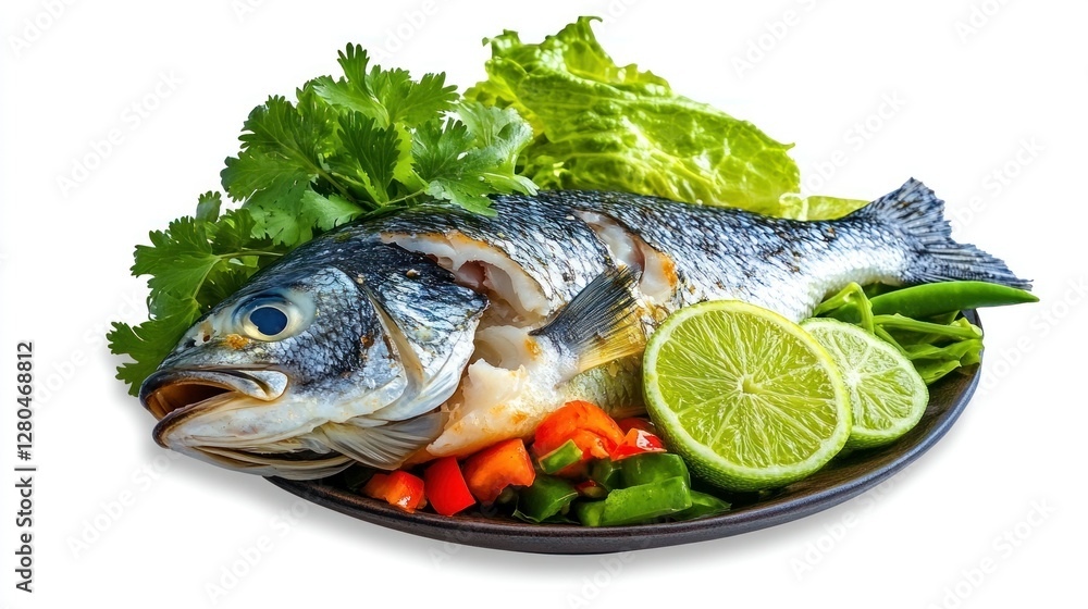 High-quality isolated image of Thai steamed fish with lime and garlic, placed on a pure white background, perfect for graphic design or advertising purposes- High-quality isolated image of Thai steamed fish with lime and garlic, placed on a pure white background, perfect for graphic design or advertising purposes-