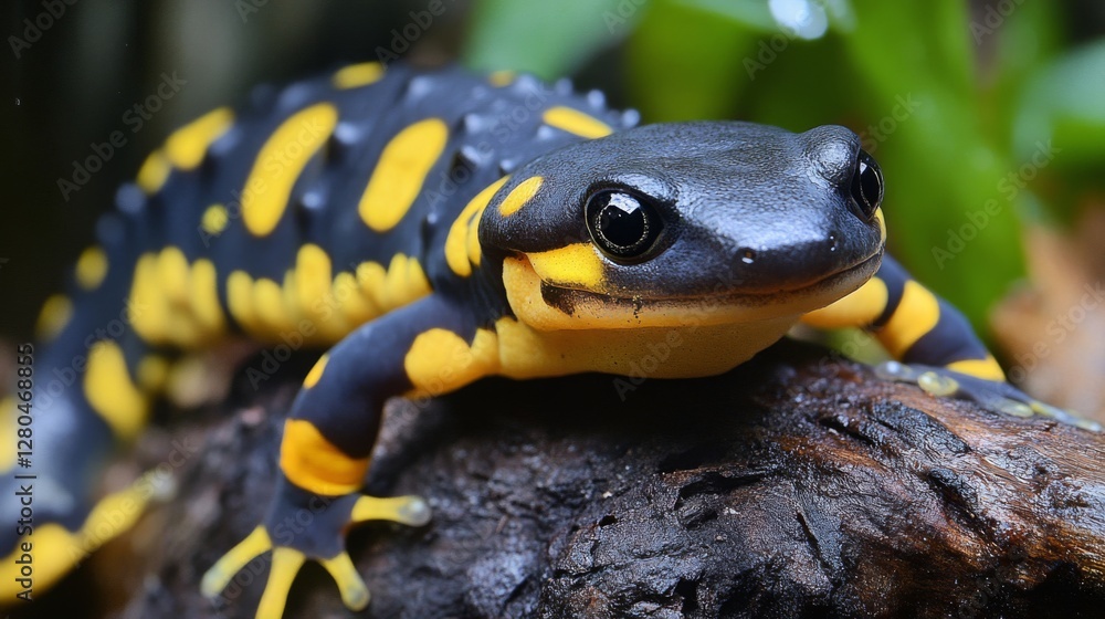 Close-Up of a Yellow and Black Salamander on a Dark Wood Branch Close-Up of a Yellow and Black Salamander on a Dark Wood Branch