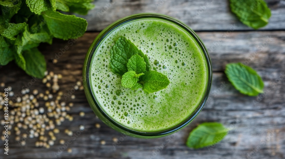 Vibrant Green Prebiotic Drink with Fresh Mint and Textured Surface Vibrant Green Prebiotic Drink with Fresh Mint and Textured Surface