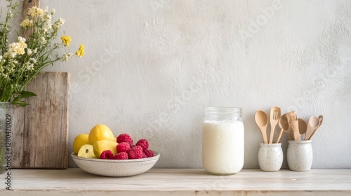 Fresh Kefir on Light Wooden Kitchen Counter with Fruits and Herbs