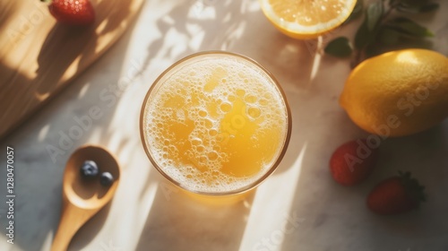 Soft Minimalist Shot of Natural Kombucha with Fresh Fruits