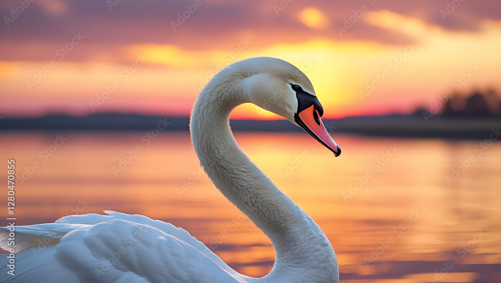 Fototapeta premium A serene and majestic swan, its snow-white feathers glistening with subtle shades of cream, stands poised on the tranquil surface of a lake at sunset, created by generative ai