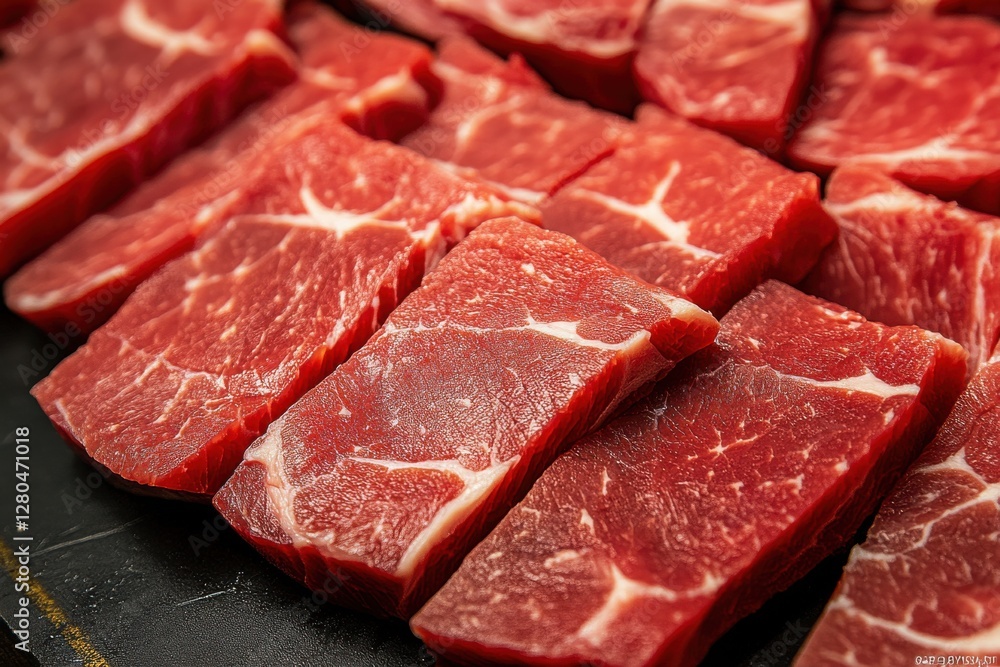 Fototapeta premium Freshly cut beef slices arranged neatly on a black surface ready for cooking or grilling at a local butcher's shop during daylight hours