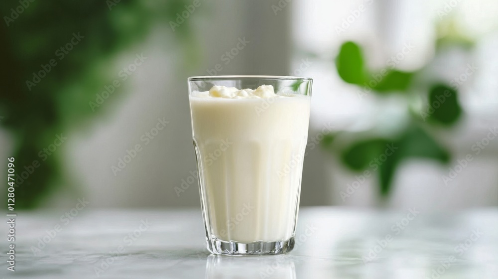 Creamy Kefir Poured into a Clear Glass on a Bright Background Creamy Kefir Poured into a Clear Glass on a Bright Background