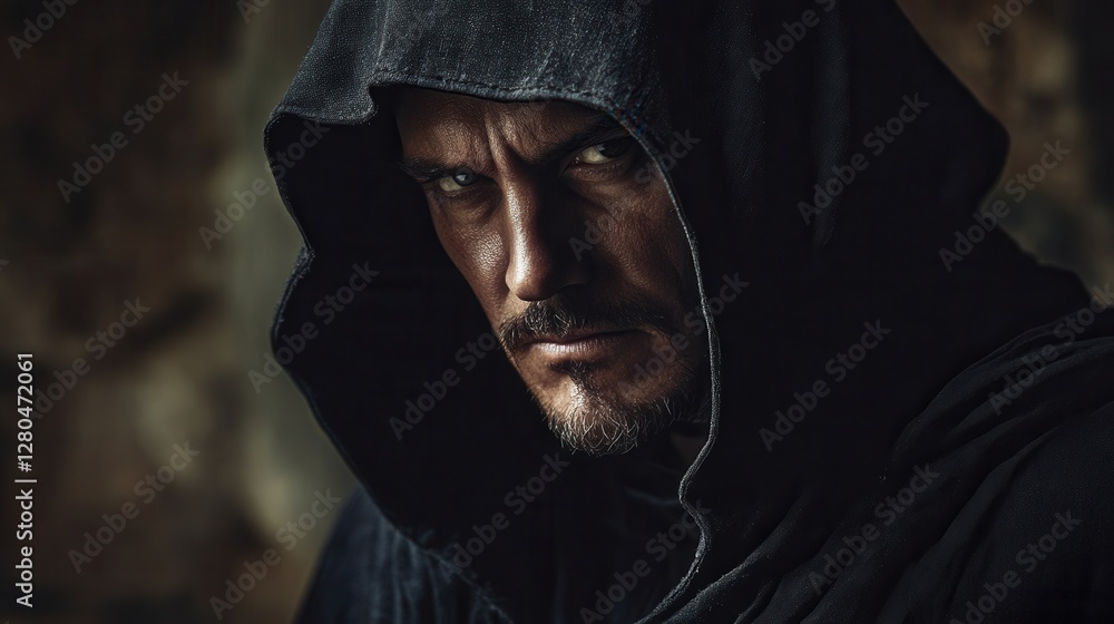 Mysterious Figure in Dark Cloak with Intense Expression and Shadows Mysterious Figure in Dark Cloak with Intense Expression and Shadows