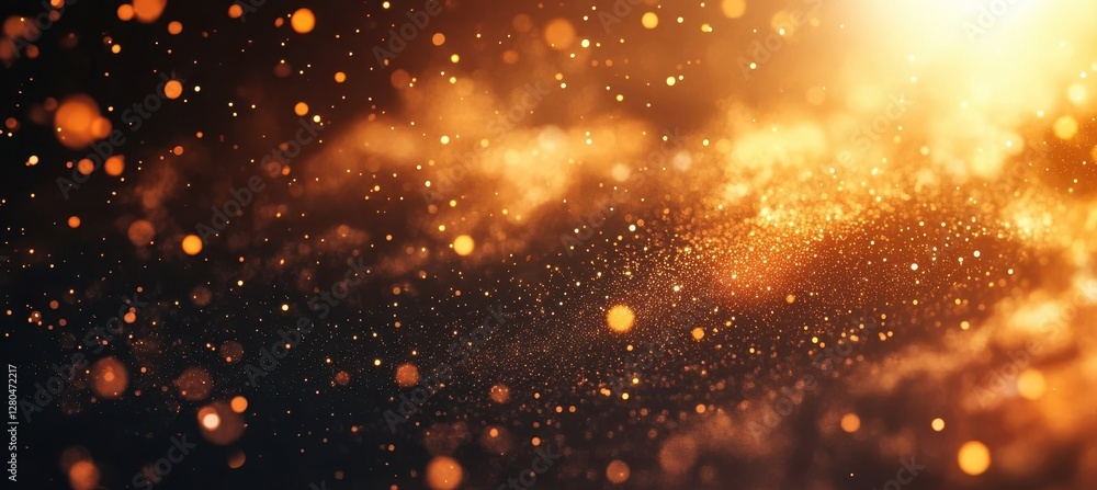 Fototapeta premium Stunning Golden Particles with Bokeh Effect Dancing in a Dark Background, Perfect for Abstract Artistic Designs and Backgrounds