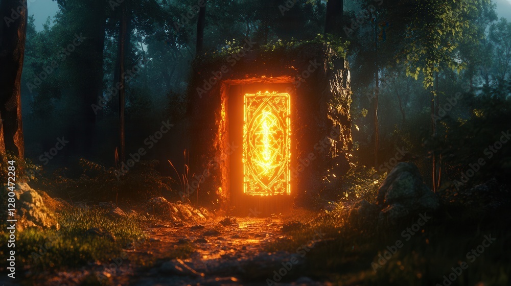 Mystical glowing door in enchanted forest with vibrant atmosphere Mystical glowing door in enchanted forest with vibrant atmosphere