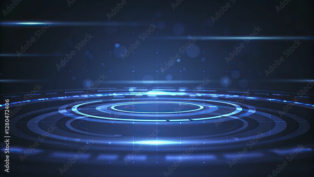 Abstract Futuristic Technological Blue Digital Circles Pattern with Glowing Effects
