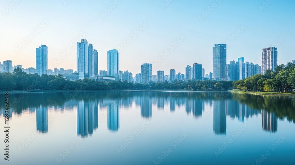 A panoramic city skyline with a calm lake reflecting the modern architecture. A panoramic city skyline with a calm lake reflecting the modern architecture.