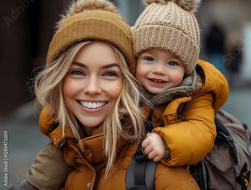 Happy Mom Carrying Child Outdoors in Winter photo