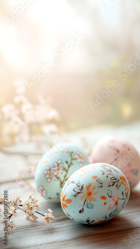 Easter eggs are placed on a wooden surface, accompanied by blooming branches. With space for writing, vertical. Title